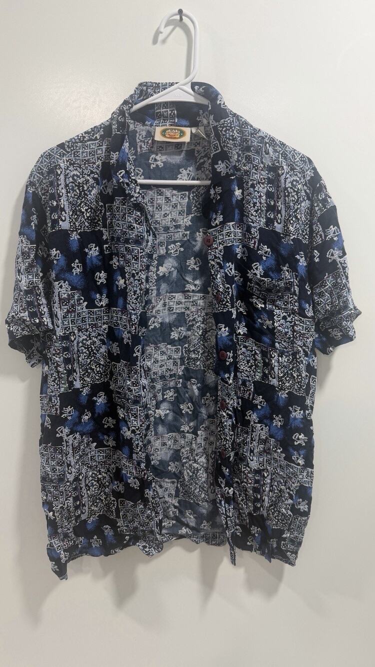 Vintage CM Comp 100% Rayon Blue Aztec Hawaiian Short Sleeve Shirt Men's M